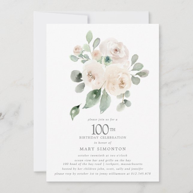 White Rose Floral Eucalyptus 100th Birthday Party  Invitation (Front)