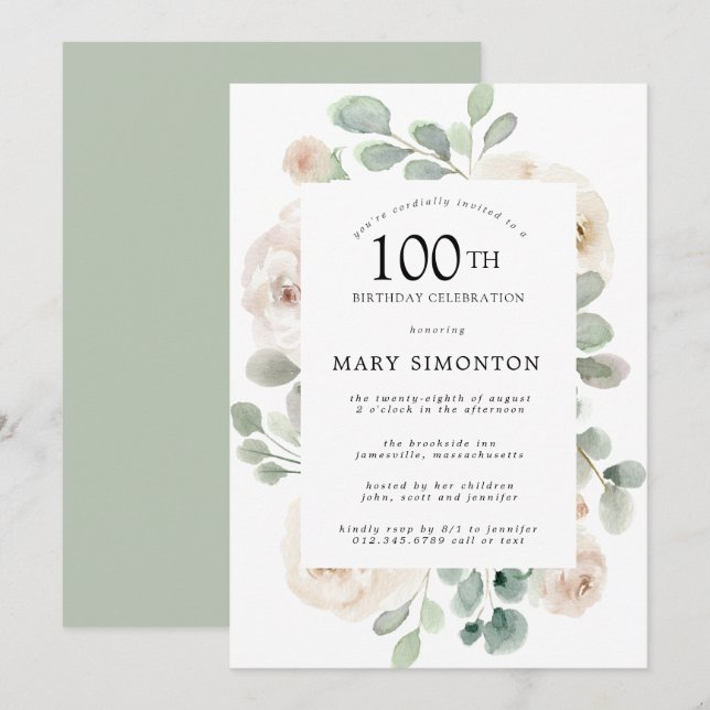 White Rose Floral Eucalyptus 100th Birthday Party Invitation (Front/Back)