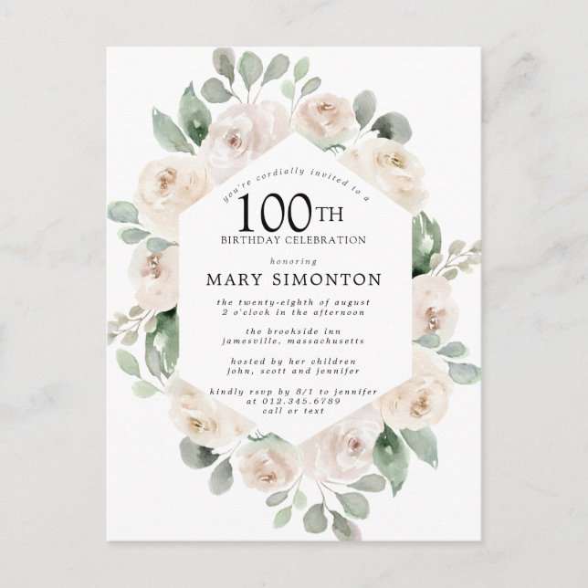 White Rose Floral Eucalyptus 100th Birthday Party Invitation Postcard (Front)