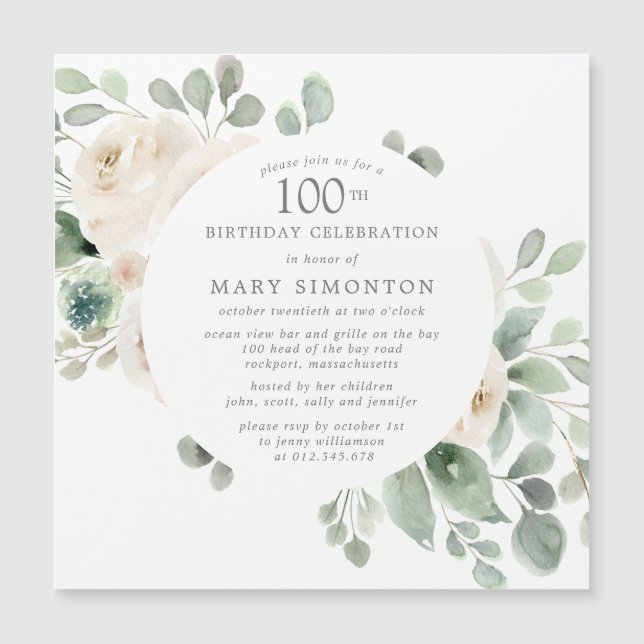 White Rose Floral Eucalyptus 100th Birthday Party Magnetic Invitation (Front)
