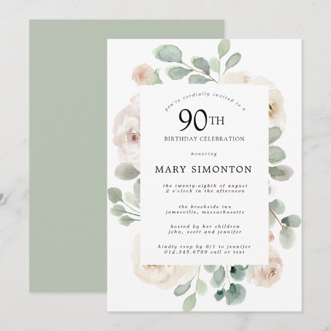White Rose Floral Eucalyptus 90th Birthday Party Invitation (Front/Back)