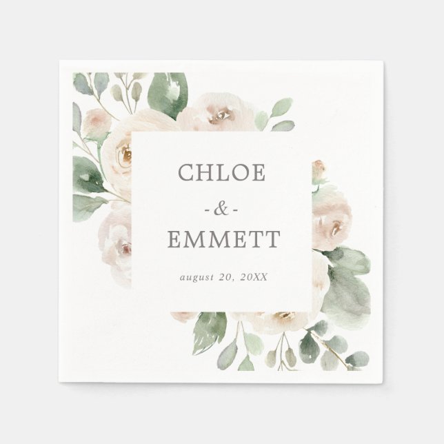 White Rose Floral Eucalyptus Wedding Napkin (Front)