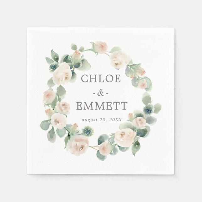 White Rose Floral Eucalyptus Wedding Napkins (Front)
