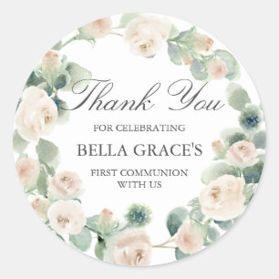 White Rose Floral First Communion Thank You Classic Round Sticker