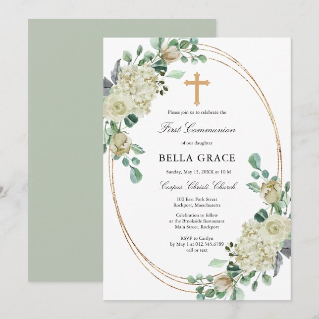 White Rose Floral First Holy Communion Invitation (Front/Back)