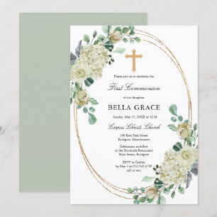 White Rose Floral First Holy Communion Invitation