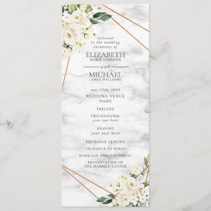 White Rose Floral Geometric Marble Wedding Program Programme