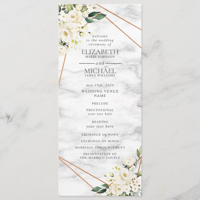 White Rose Floral Geometric Marble Wedding Program Programme (Front)