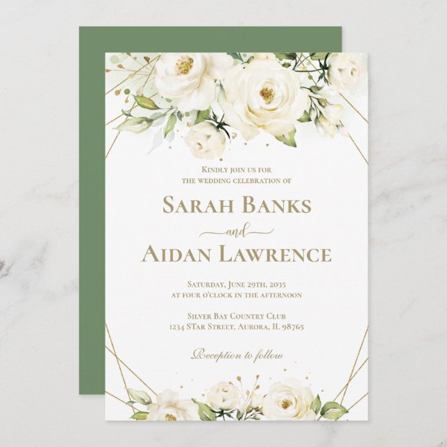 White Rose Floral Gold Frame Wedding Invitation (Front/Back)