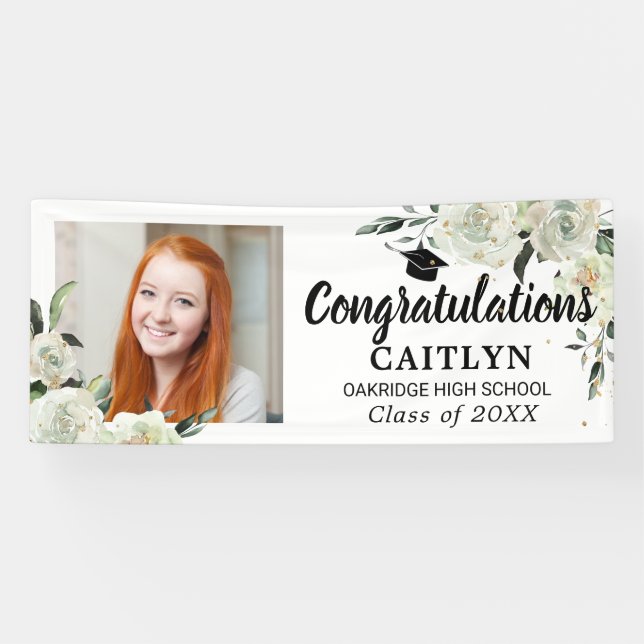 White Rose Floral Gold Glitter Graduation Party Banner (Horizontal)
