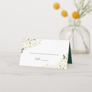 White Rose Floral Gold Leaves Wedding Table Place Card