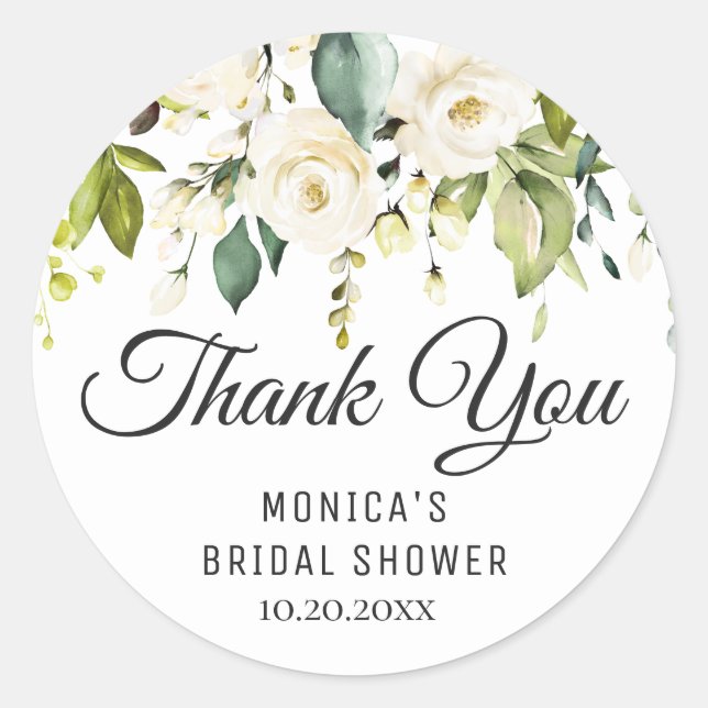 White Rose Floral Greenery Bridal Shower Thank You Classic Round Sticker (Front)