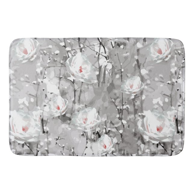 White rose floral grey pink elegant  bath mat (Front)