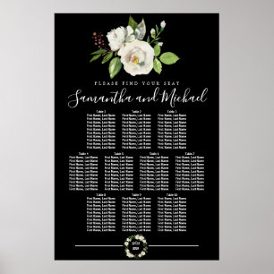 White Rose Floral on Black 10-Table Seating Chart