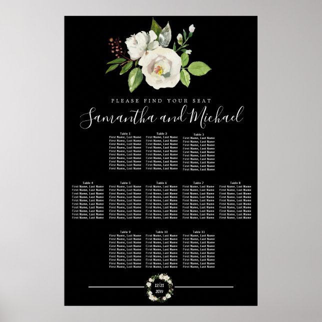 White Rose Floral on Black 11-Table Seating Chart (Front)