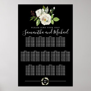 White Rose Floral on Black 13-Table Seating Chart