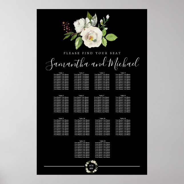 White Rose Floral on Black 14-Table Seating Chart (Front)