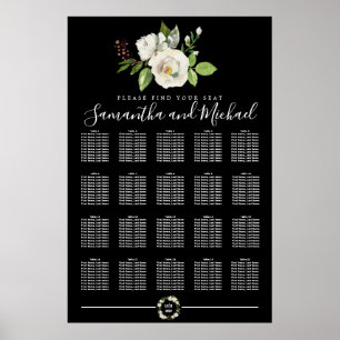 White Rose Floral on Black 20-Table Seating Chart
