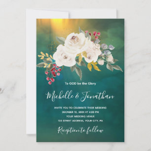 White Rose Floral on Green Christian Wedding Invitation