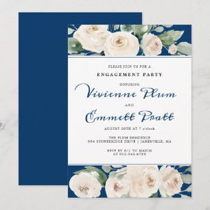 White Rose Floral on Navy Blue Engagement Party Invitation