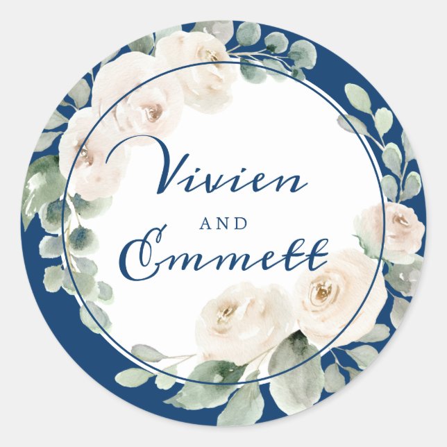 White Rose Floral on Navy Blue Wedding Favour Classic Round Sticker (Front)