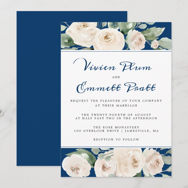 White Rose Floral on Navy Blue Wedding Invitation (Front/Back)