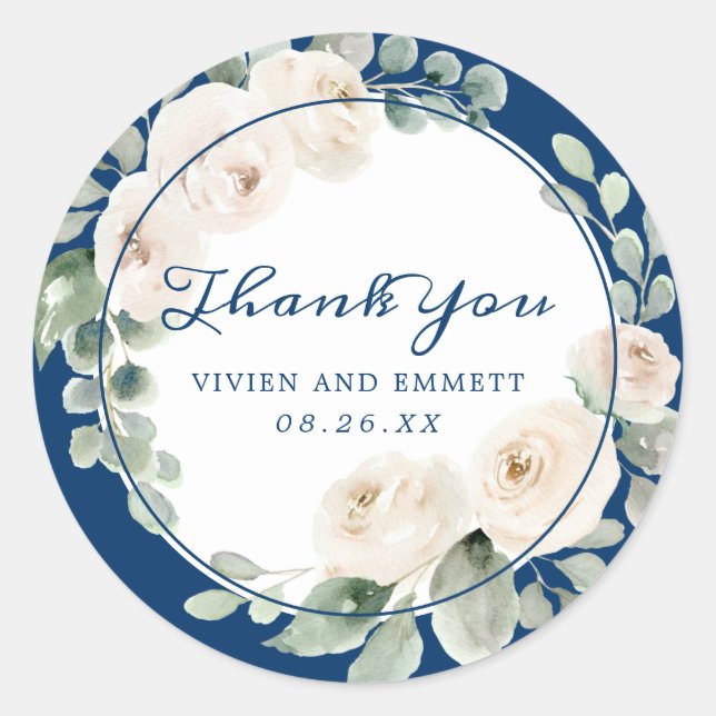 White Rose Floral on Navy Blue Wedding Thank You Classic Round Sticker (Front)