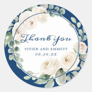 White Rose Floral on Navy Blue Wedding Thank You Classic Round Sticker