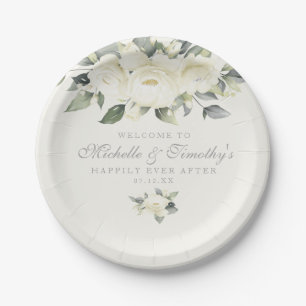 White Rose Floral Paper Plate