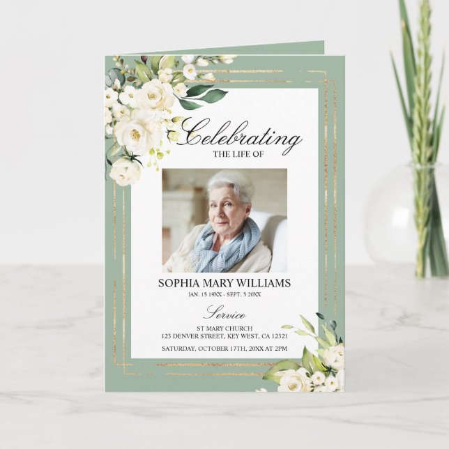 White Rose Floral Photo Memorial Funeral Programs Card (Front)