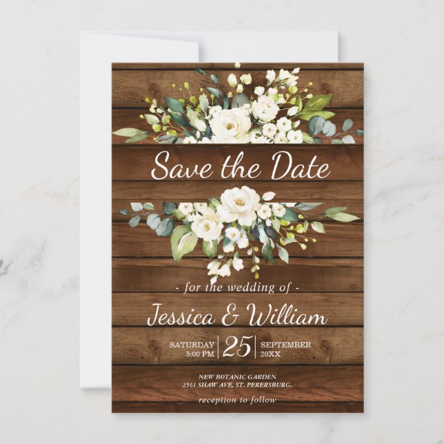 White Rose Floral Wedding Save the Date Invitation (Front)