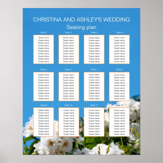 White rose floral wedding seating plan poster (Front)