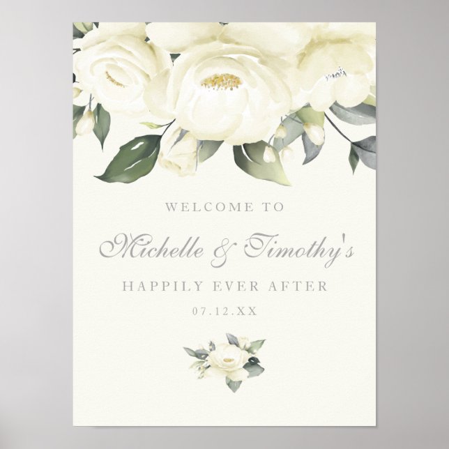 White Rose Floral Wedding Sign (Front)