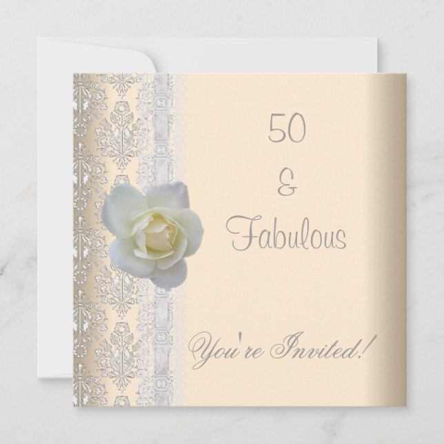 White Rose Flower Cream Fabulous 50th Birthday Invitation (Front)