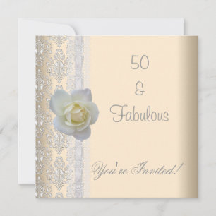 White Rose Flower Cream Fabulous 50th Birthday Invitation