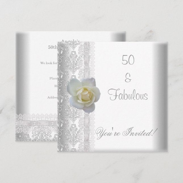 White Rose Flower Fabulous 50th Birthday Party Invitation (Front/Back)