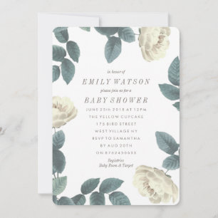 White Rose Flower Frame Baby Shower Invitation