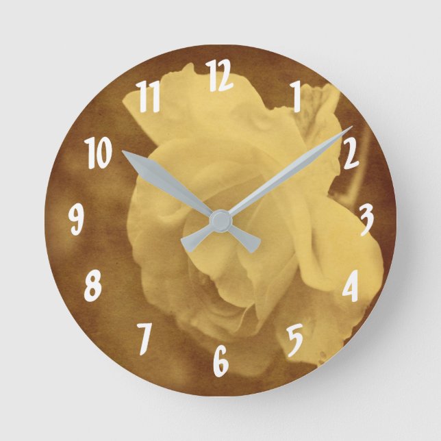 White Rose Flower In Vintage Sepia Round Clock (Front)