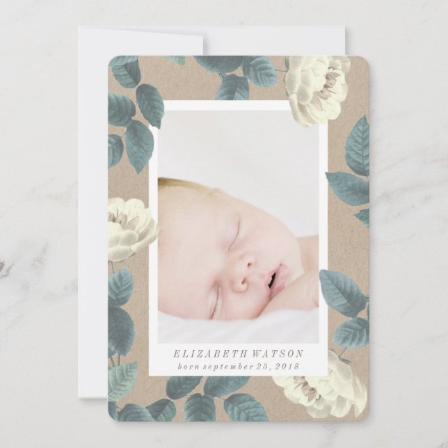 White Rose Flower Photo Card Birth Announcement (Front)