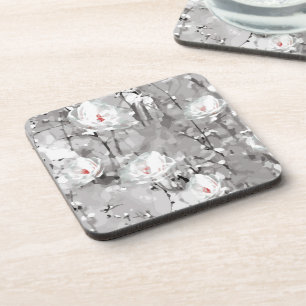 White rose flower winter floral gray coaster