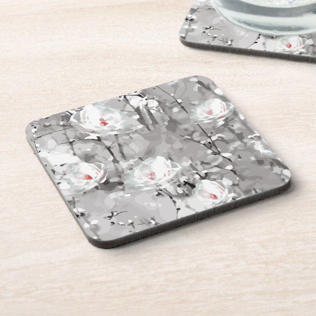 White rose flower winter floral gray coaster (Left Side)