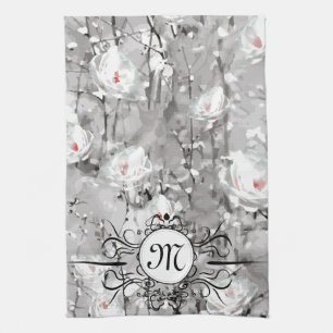 White rose flower winter floral grey tea towel