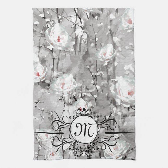 White rose flower winter floral grey tea towel (Vertical)