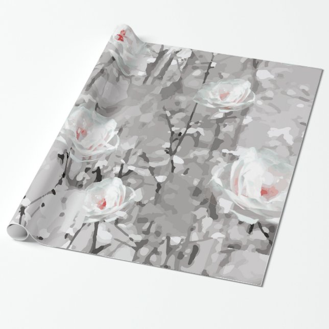 White rose flower winter floral grey wrapping paper (Unrolled)