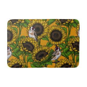 White rose flowers and goldfinch birds bath mat