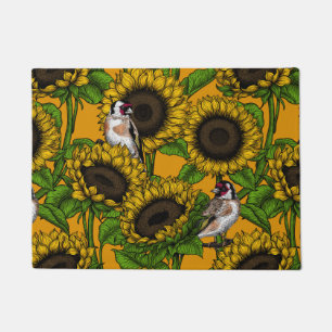 White rose flowers and goldfinch birds doormat