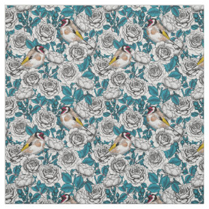 White rose flowers and goldfinch birds fabric