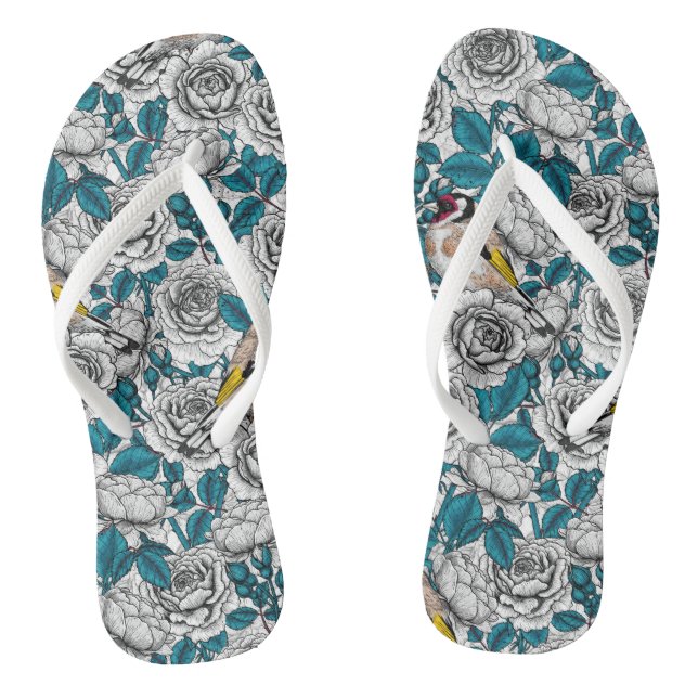 White rose flowers and goldfinch birds flip flops (Footbed)