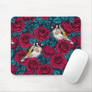 White rose flowers and goldfinch birds mouse mat
