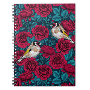 White rose flowers and goldfinch birds notebook
